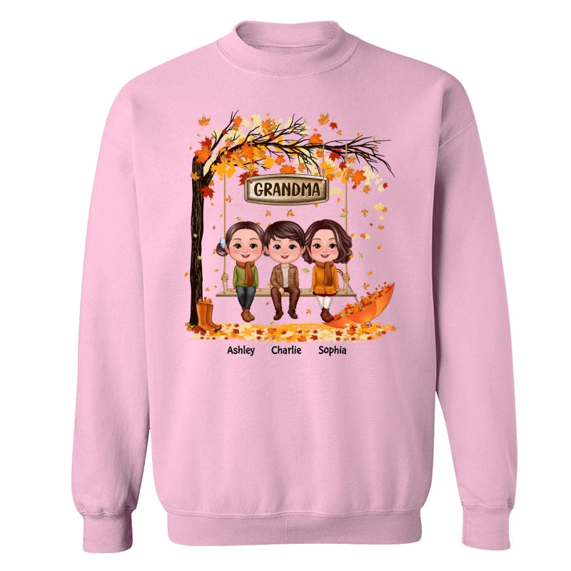 Fall Season Kids Sitting On Swing Grandma Mom Personalized Shirt