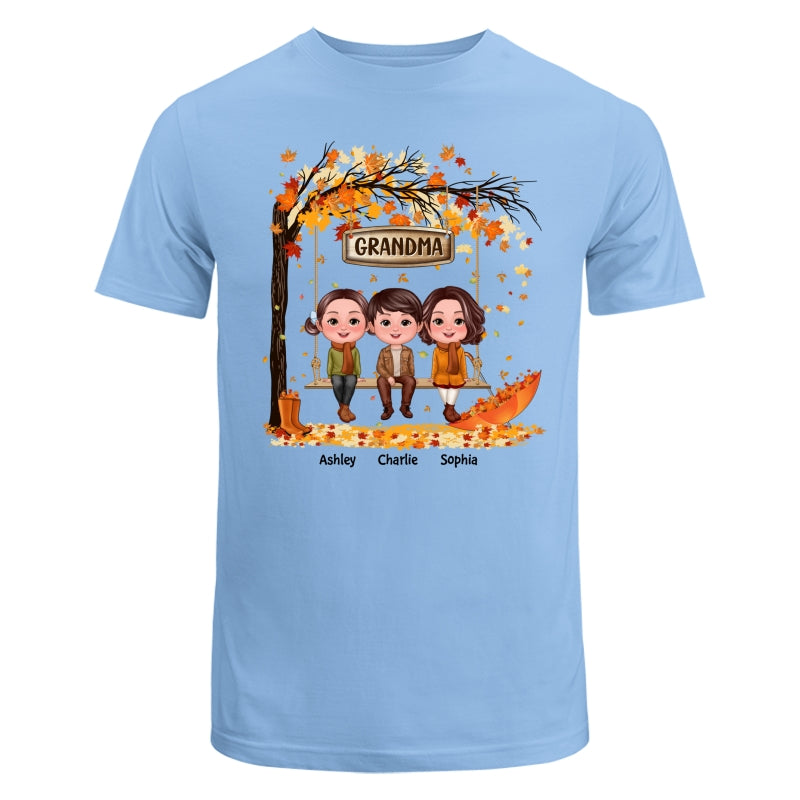 Fall Season Kids Sitting On Swing Grandma Mom Personalized Shirt