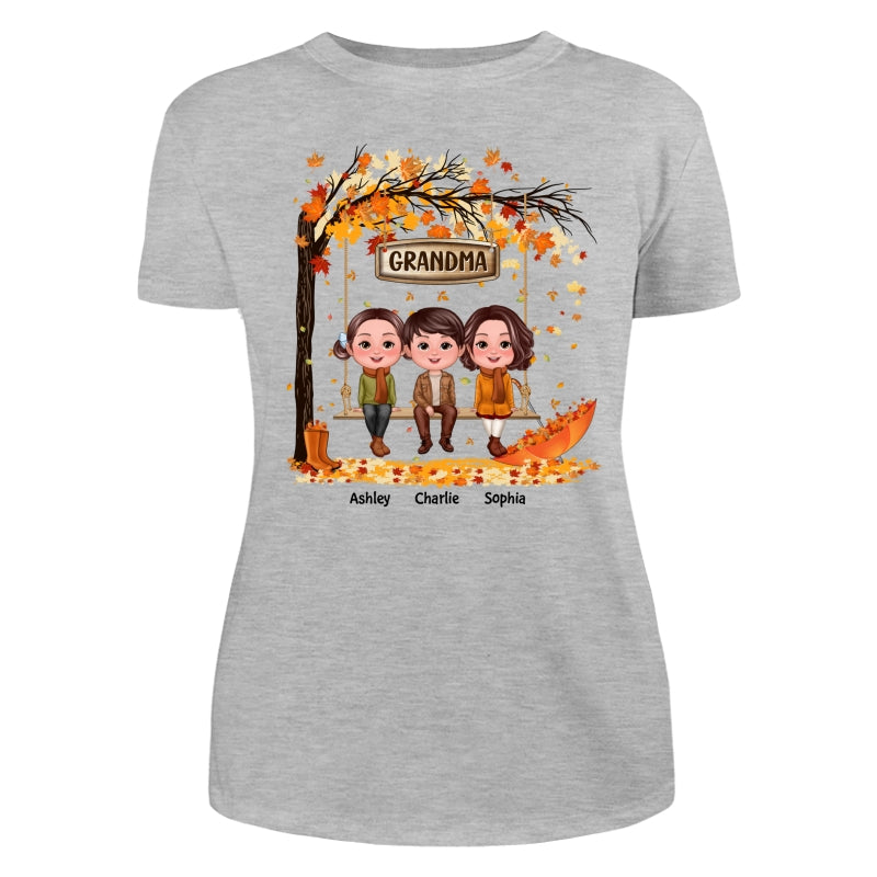 Fall Season Kids Sitting On Swing Grandma Mom Personalized Shirt