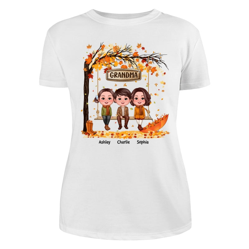 Fall Season Kids Sitting On Swing Grandma Mom Personalized Shirt