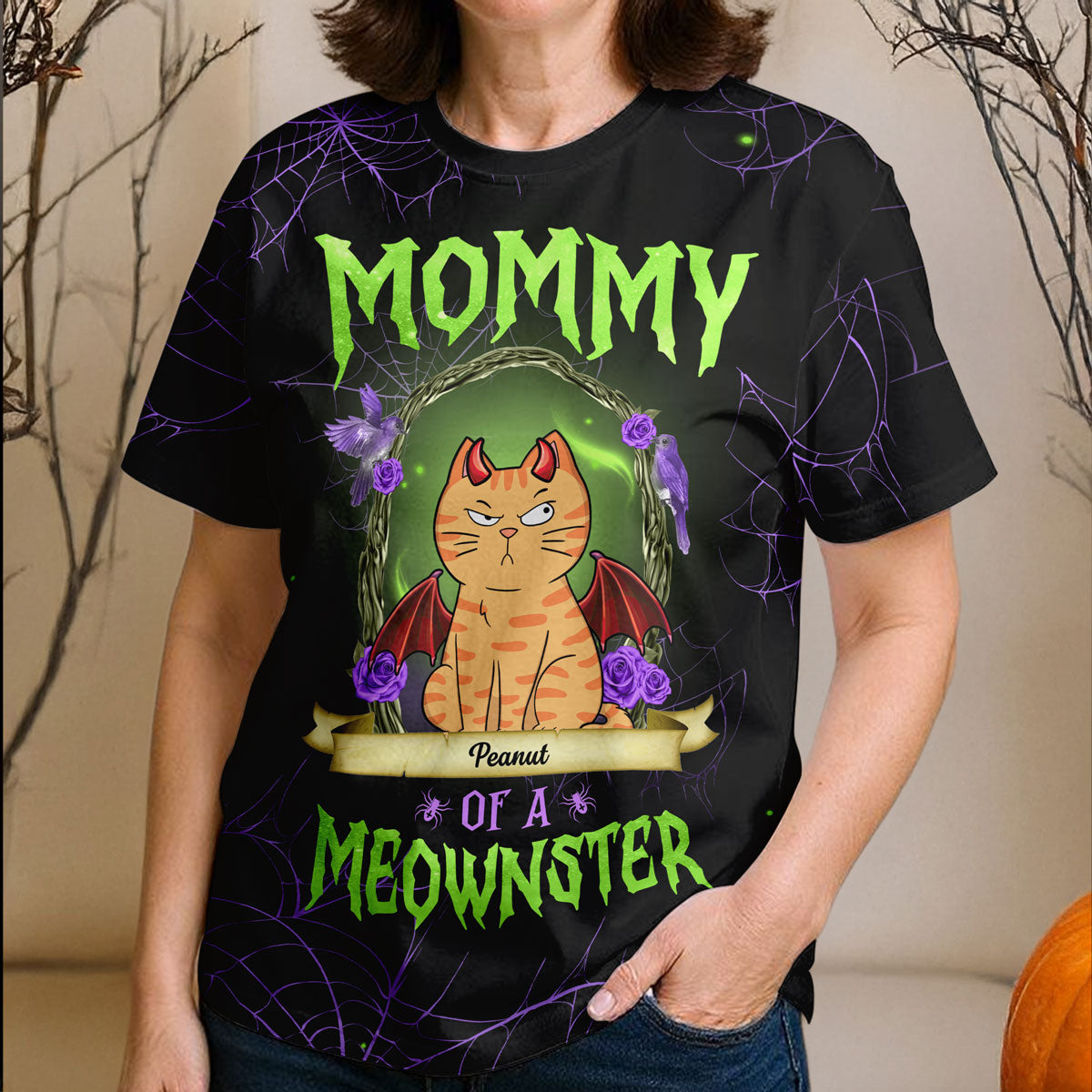 Halloween Purple And Green Theme Mommy Of The Monsters Cats Personalized 3D Shirt
