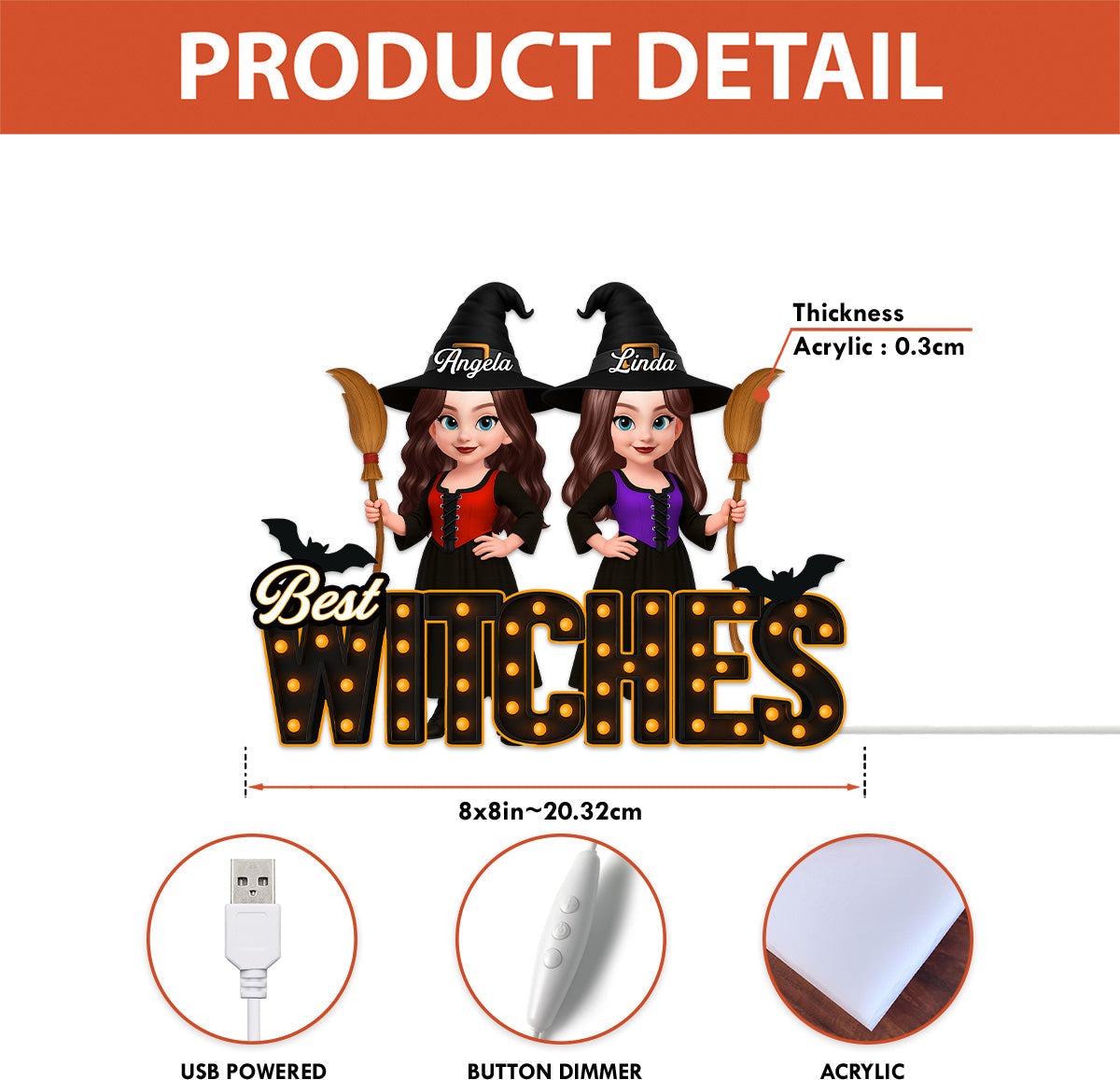 Halloween Best Witches Besties Marquee Pattern Letters Personalized Light Box