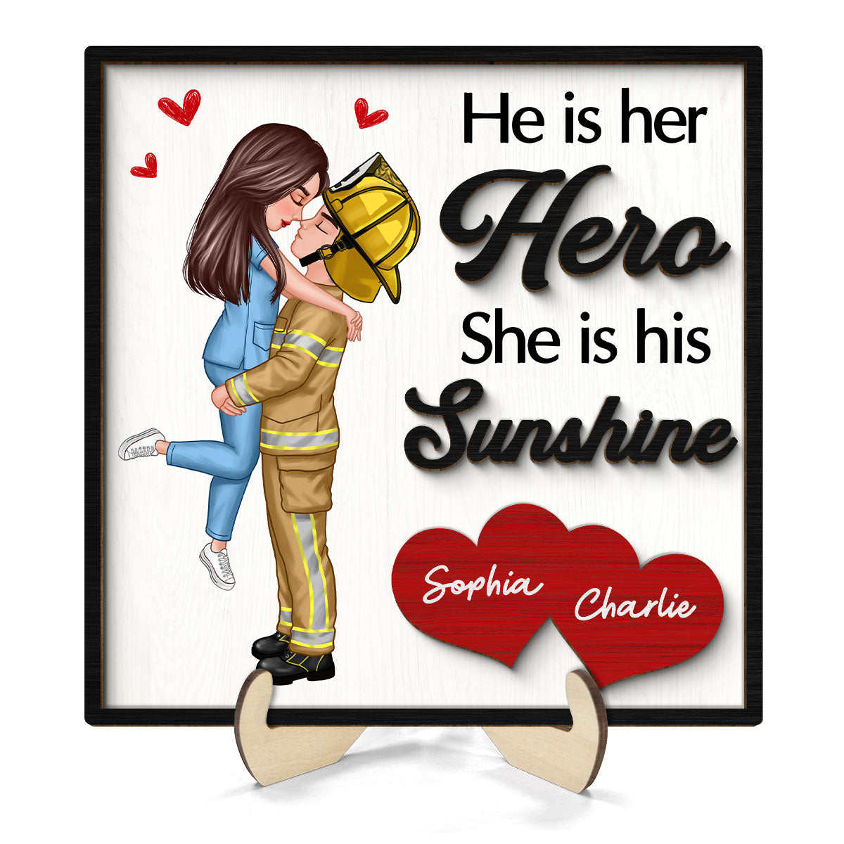 Her Hero His Sunshine Couple Valentine‘s Day Gifts by Occupation Gift For Her Gift For Him Firefighter, Nurse, Police Officer Personalized 2-Layer Wooden Plaque