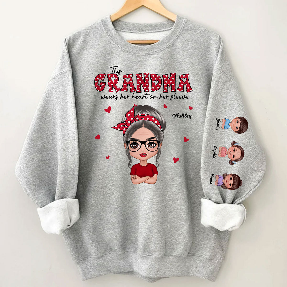 This Grandma Wears Her Heart On Her Sleeve Polka Dot Pattern Personalized Sleeve Printed Sweatshirt