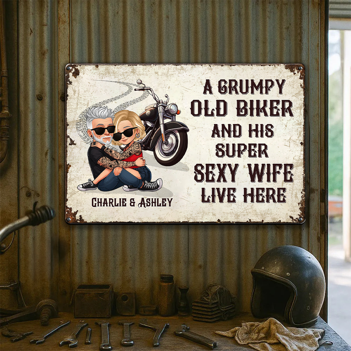 An Old Grumpy Biker and His Sexy Wife Live Here Personalized Metal Sign, Gift for Biker Couple