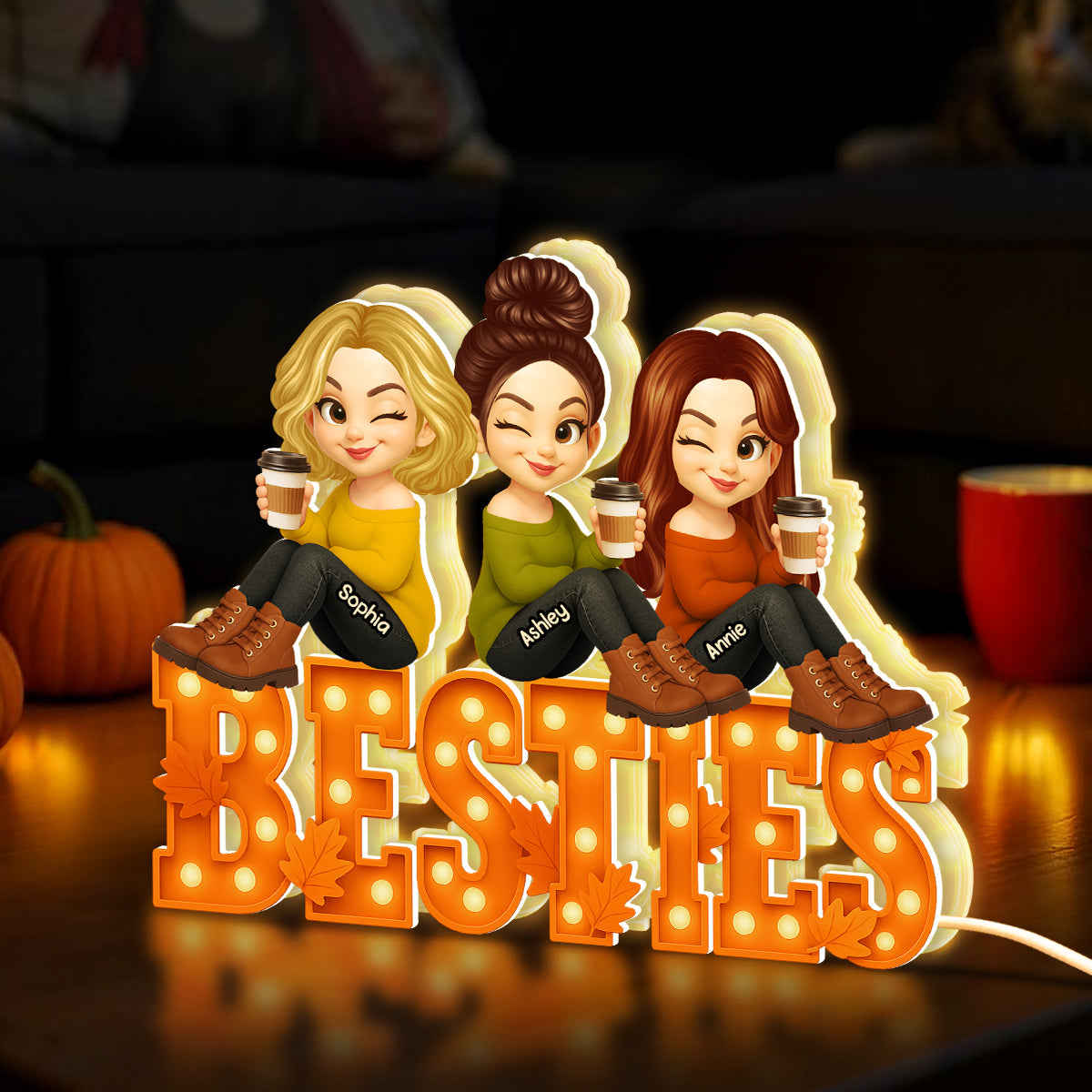 Fall Season Besties Sitting Marquee Pattern Texture Letters Personalized LED Light Box