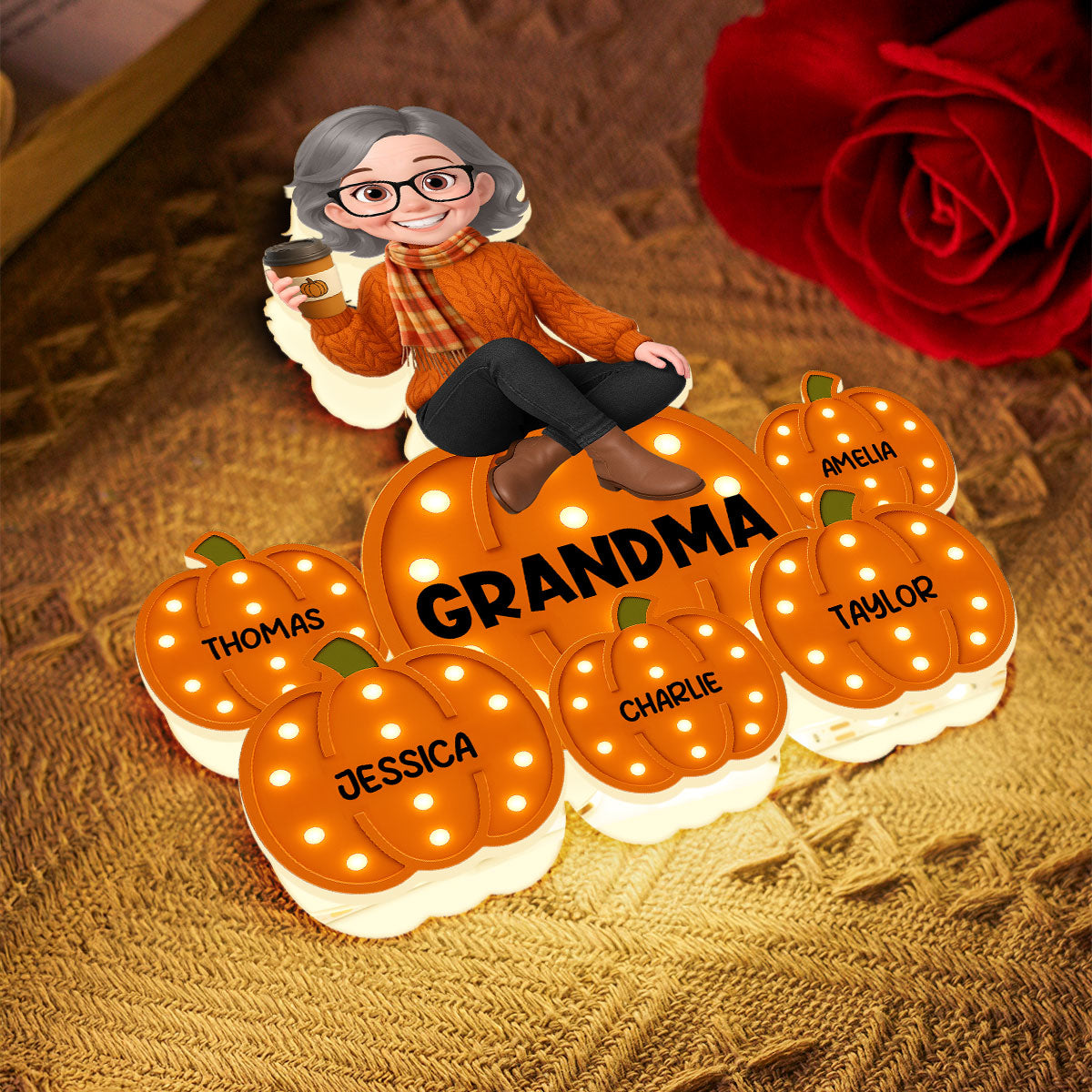 Fall Season Grandma Sitting On Marquee Pattern Texture Pumpkins Personalized LED Light Box, Cozy Grandma's Home Decoration