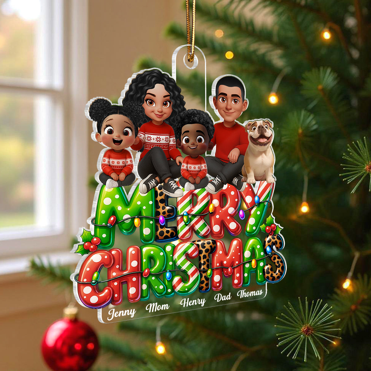 Merry Christmas 2025 Family Sitting on Text Personalized Acrylic Ornament, Christmas Gift for Husband, Wife, Kid