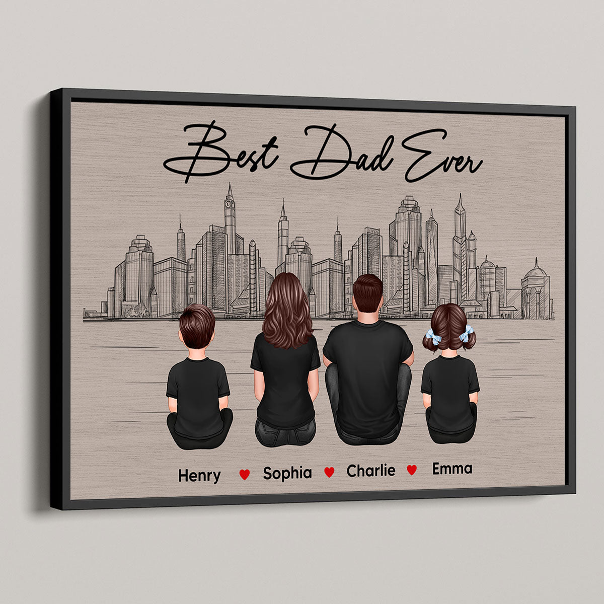 Skyline Family Sitting Back View Personalize Poster, Father's Day gift for Husband, for Dad, for Grandpa