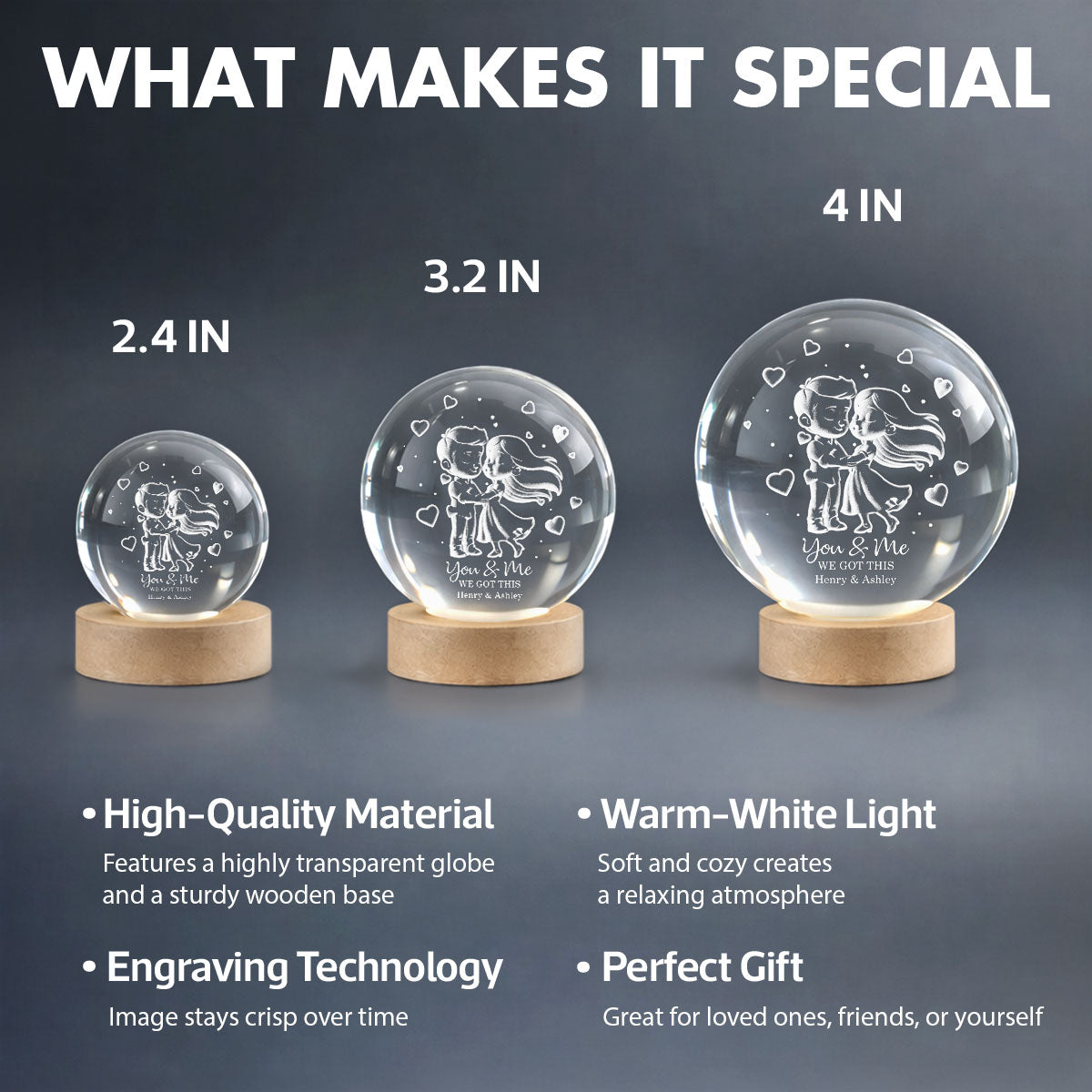 Loving Chibi Couple - Personalized Crystal Ball LED Night Light - Sentimental Valentine's Day Gift for Her, for Him