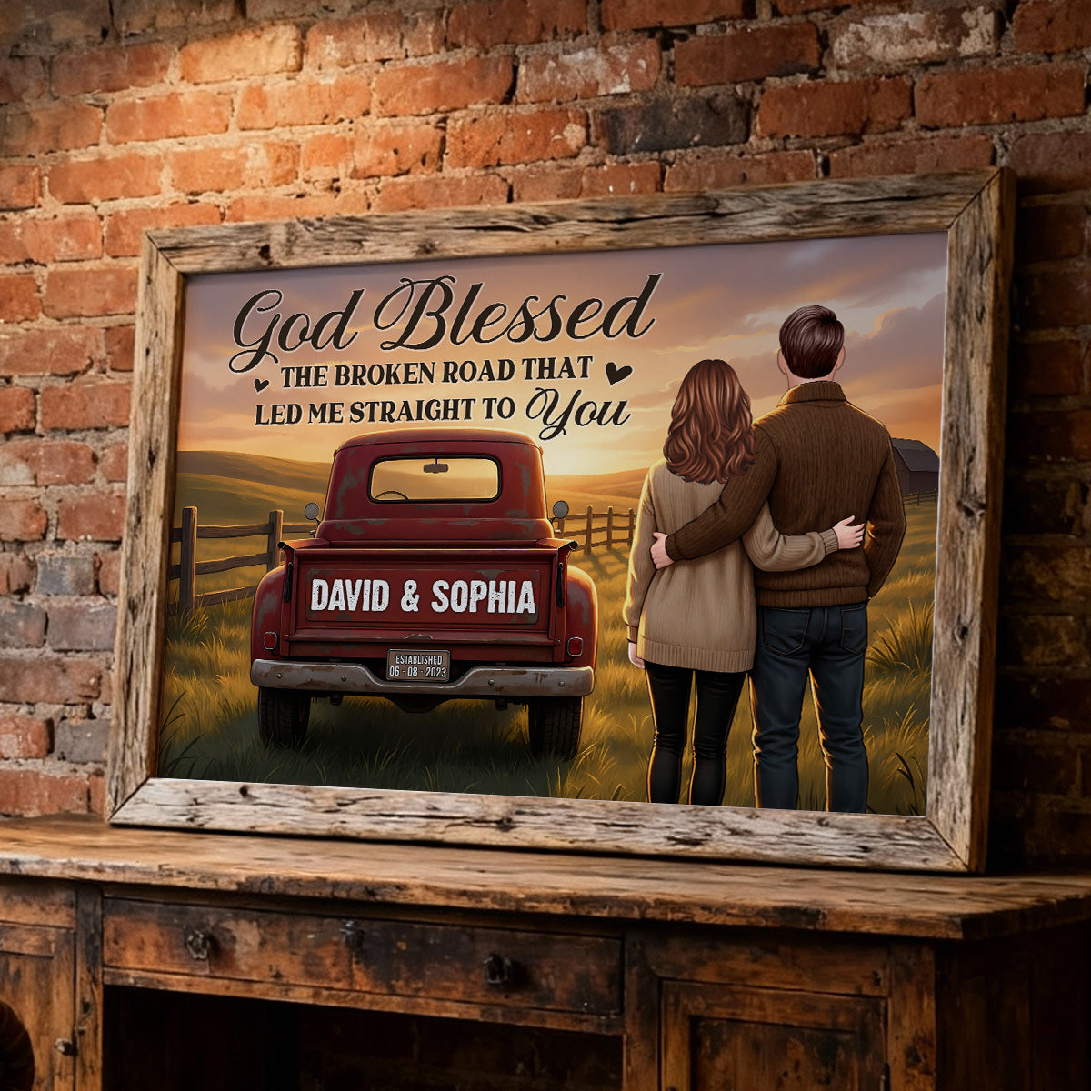 Rustic Nostalgia Red Pickup Truck Couple Together Farmhouse Decor - Personalized Poster - Heartfelt Valentine, Anniversary Gift For Him, For Her