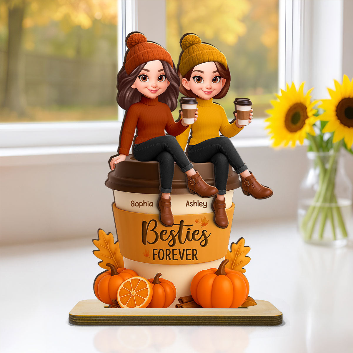 Fall Season Besties Sitting On Pumpkin Spice Latte - Personalized 2-Layered Wooden Plaque