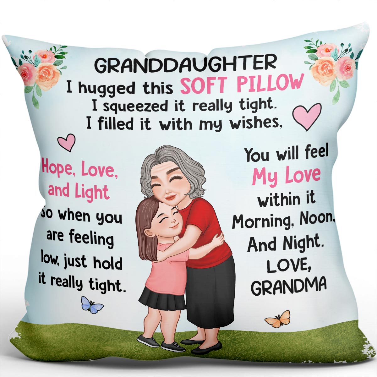 Grandma Granddaughter Grandson Hugging Flowers Blue Sky Personalized Pillow