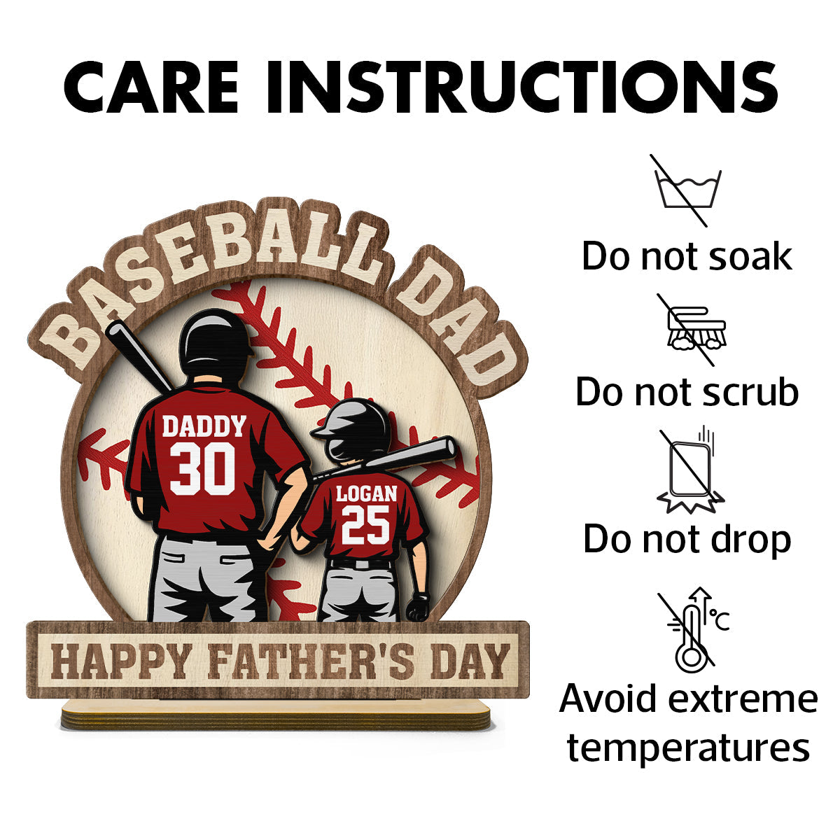 Baseball Family Back View Personalized 2-Layered Standing Wooden Plaque,  gift for Dad, for Husband