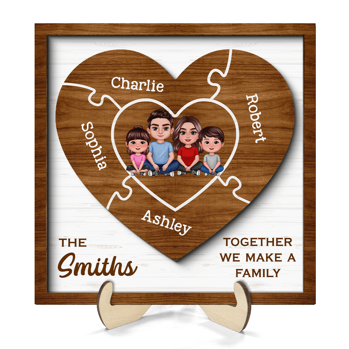 Together We Make A Family Puzzle Heart Personalized 2-Layer Wooden Plaque