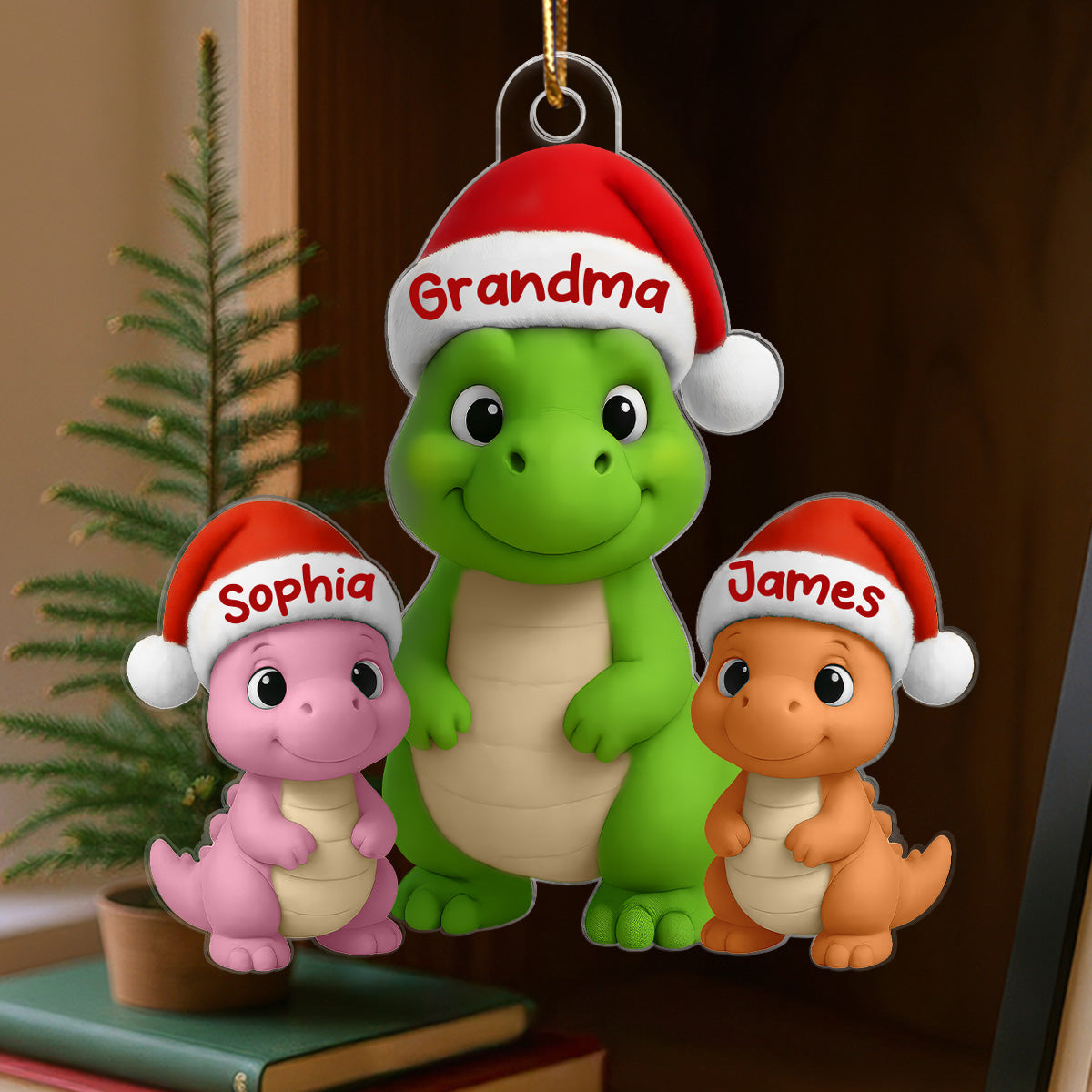 3D Effect Happy Grandmasaurus With Dinosaur Grandkids - Personalized Acrylic Ornament