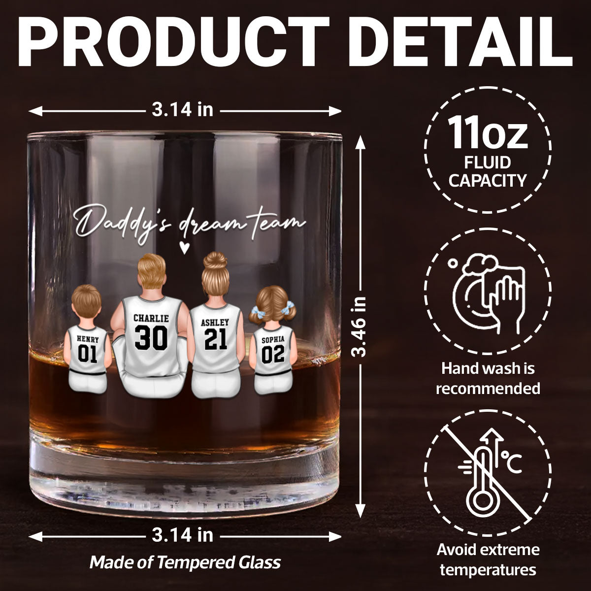 Basketball Daddy's Dream Team - Personalized Whiskey Glass - Gift for Basketball Dads
