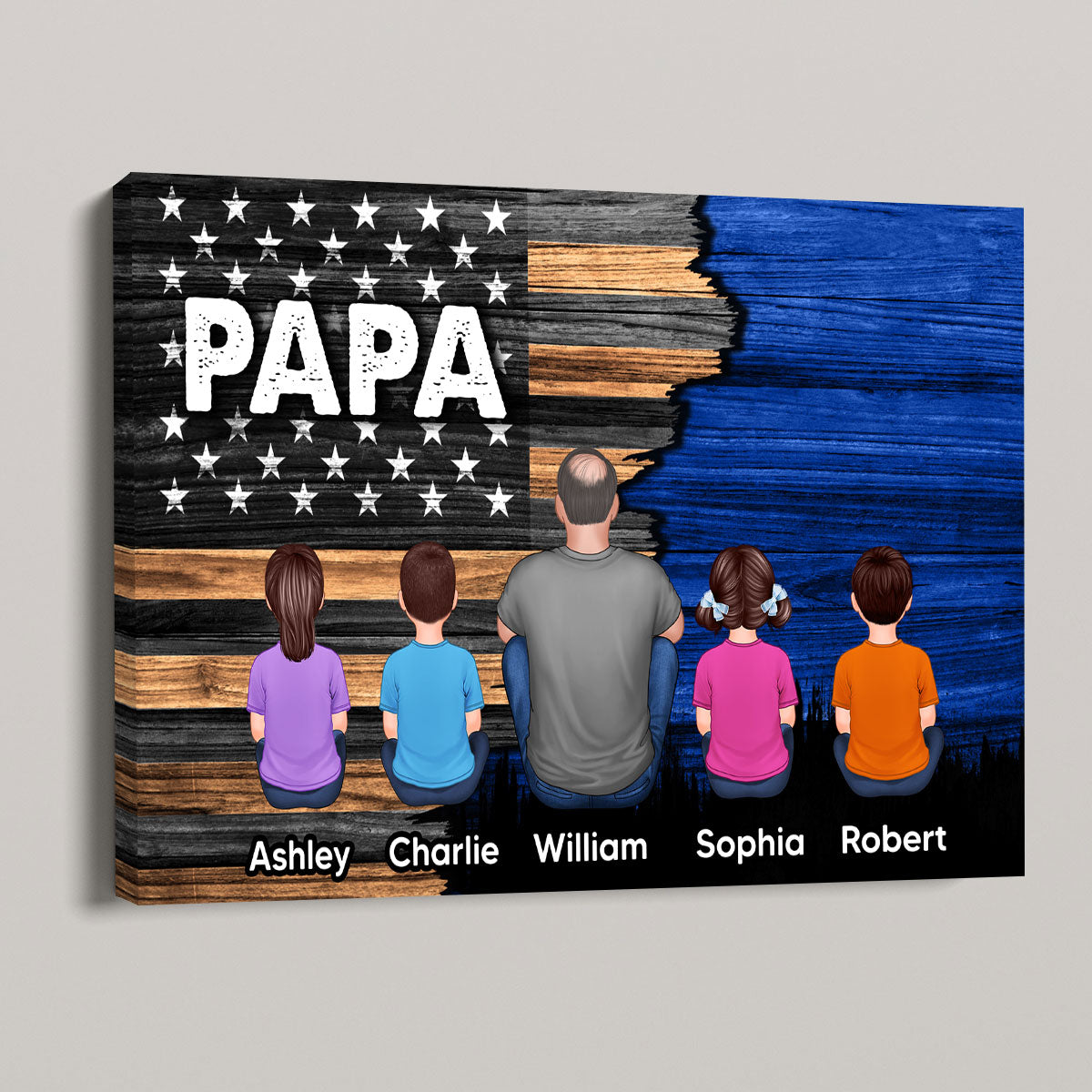 Dad Grandpa Papa Back View Sitting With Kids Half Nation Flag Personalized Canvas