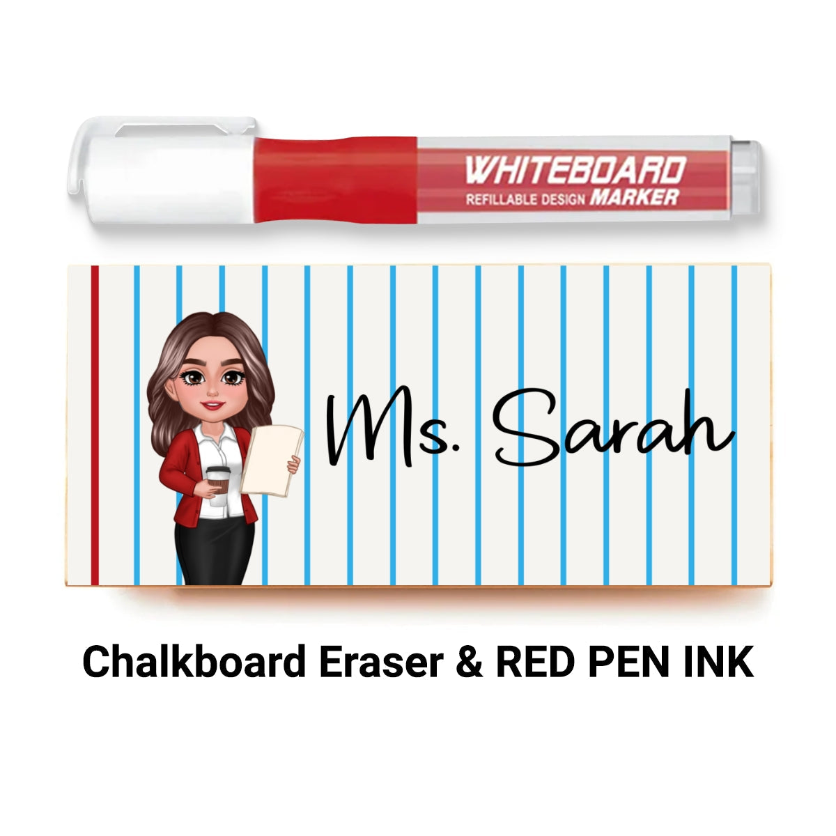 Doll Teacher Notebook Pattern Personalized Chalkboard/Whiteboard Eraser with Marker, Teacher Appreciation Gift, Back To School Gift