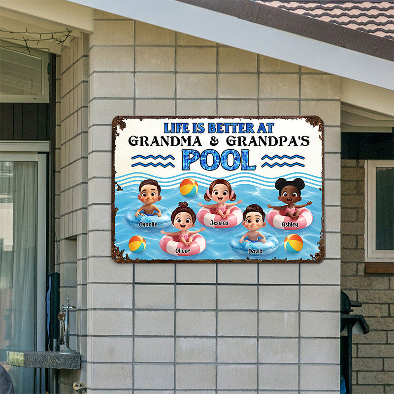 Life is Better at Grandma & Grandpa Pool Personalized Metal Sign, Grandchildren Welcome Sign