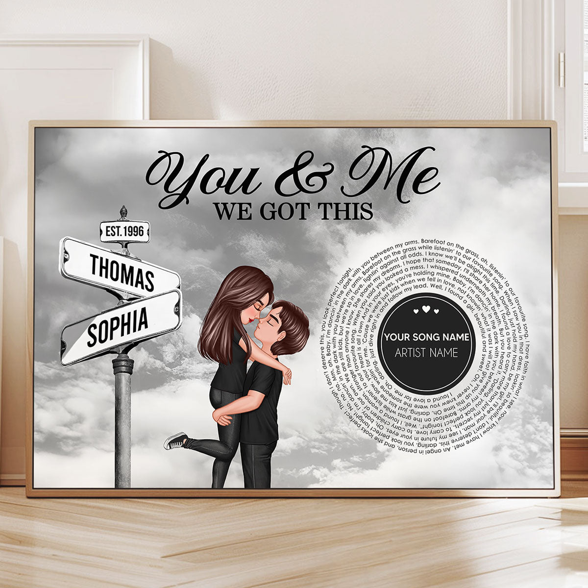 Vintage Street Sign Couple Hugging Kissing Personalized Song Lyrics Poster, Anniversary  Gift For Him, For Her