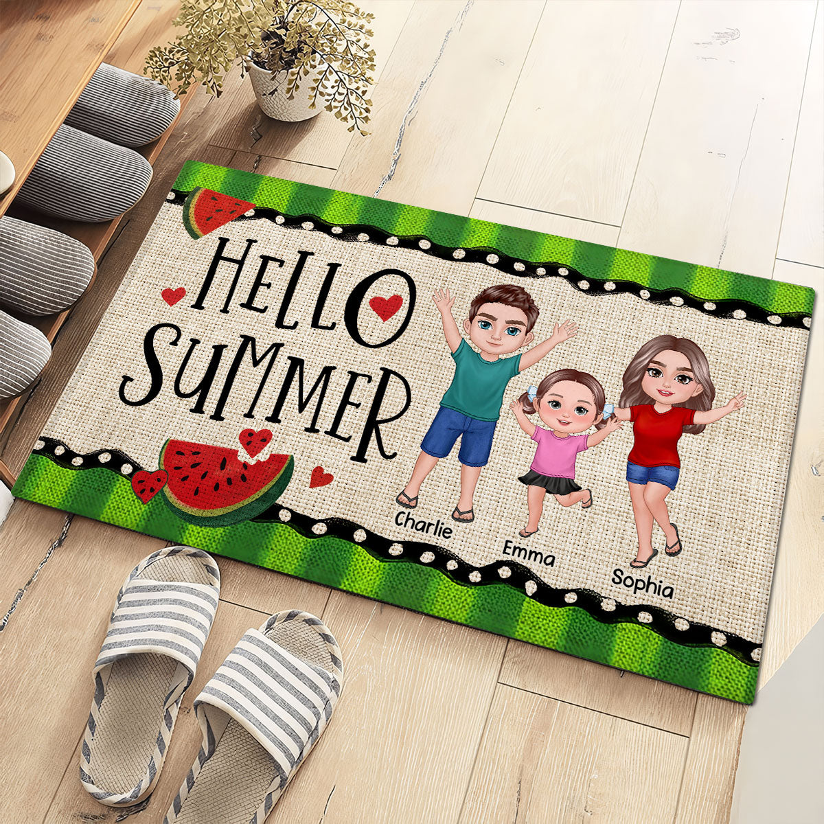 Hello Summer Watermelon Family Personalized Doormat, Summer Decoration