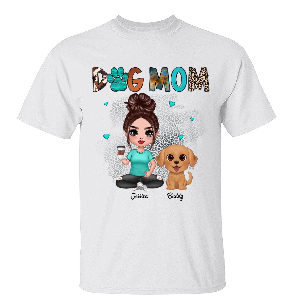 Western Pattern Teal Animal Print Dog Mom Doll Girl & Cute Watercolor Dog Personalized Shirt