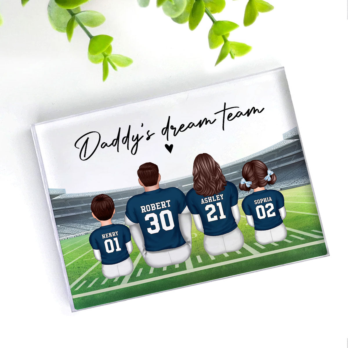 Daddy's Team Football Family Sitting Back View Personalized Acrylic Block,  Gift
