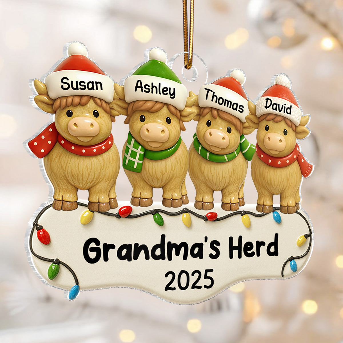 3D Effect Highland Cows Grandma's Herd For Christmas Personalized Acrylic Ornament, Christmas Decor For Grandma