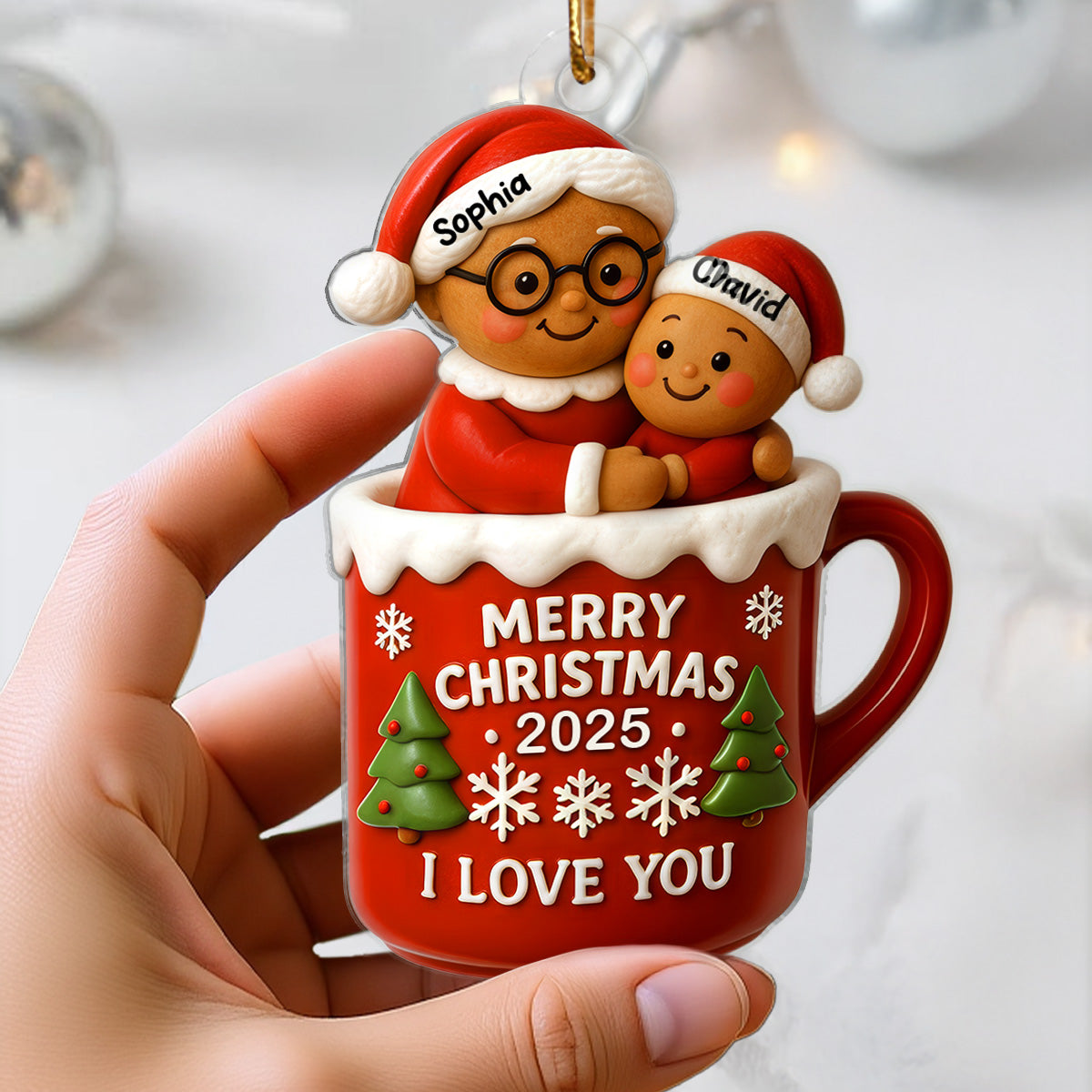 Christmas Gingerbread Grandma Hugging Grandkid In Hot Cocoa Personalized Acrylic Ornament