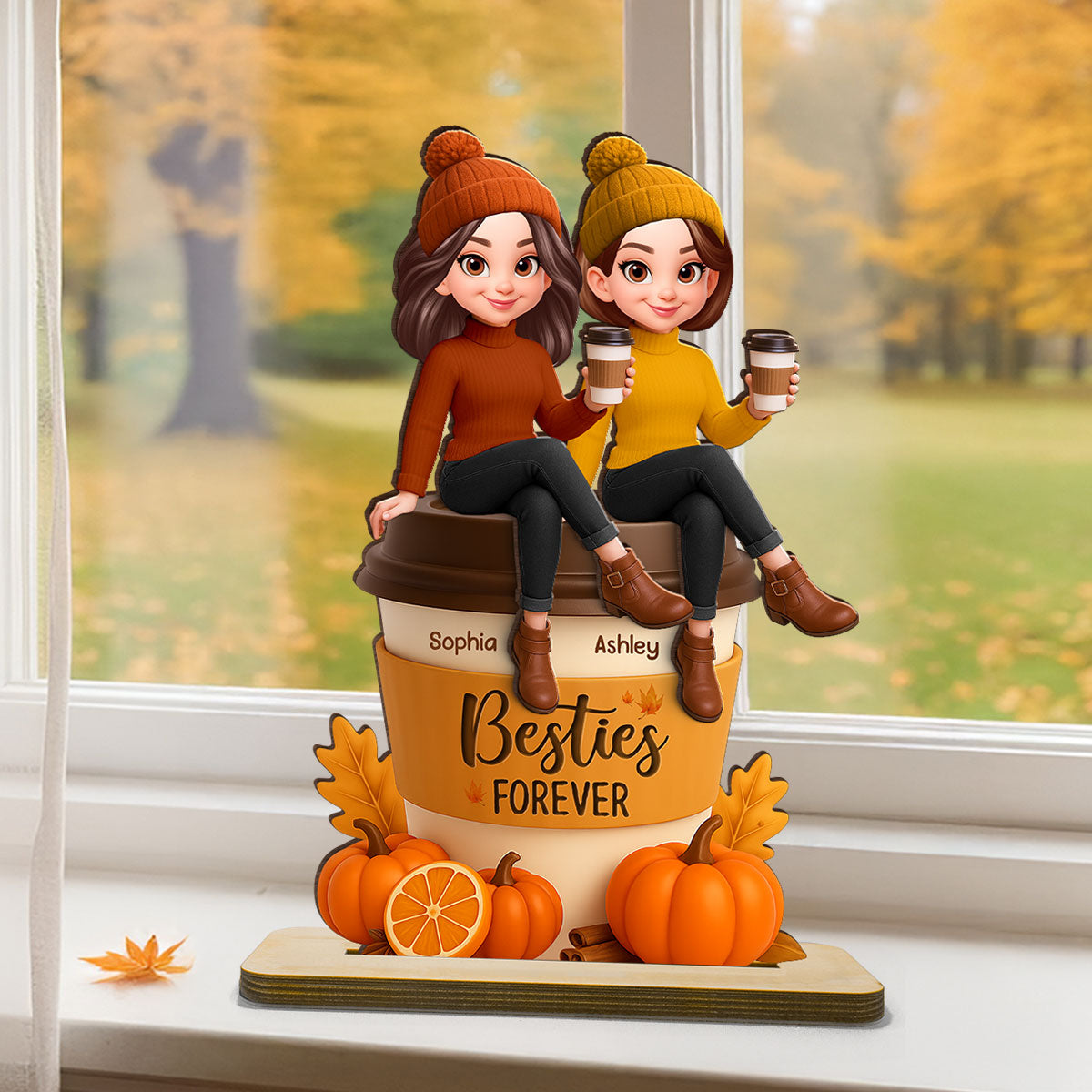 Fall Season Besties Sitting On Pumpkin Spice Latte - Personalized 2-Layered Wooden Plaque