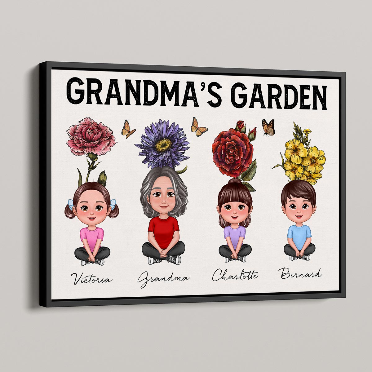 Beautiful Vintage Birth Flower Grandma‘s Garden Pretty Grandma & Grandkids With Flowers Behind Personalized Poster