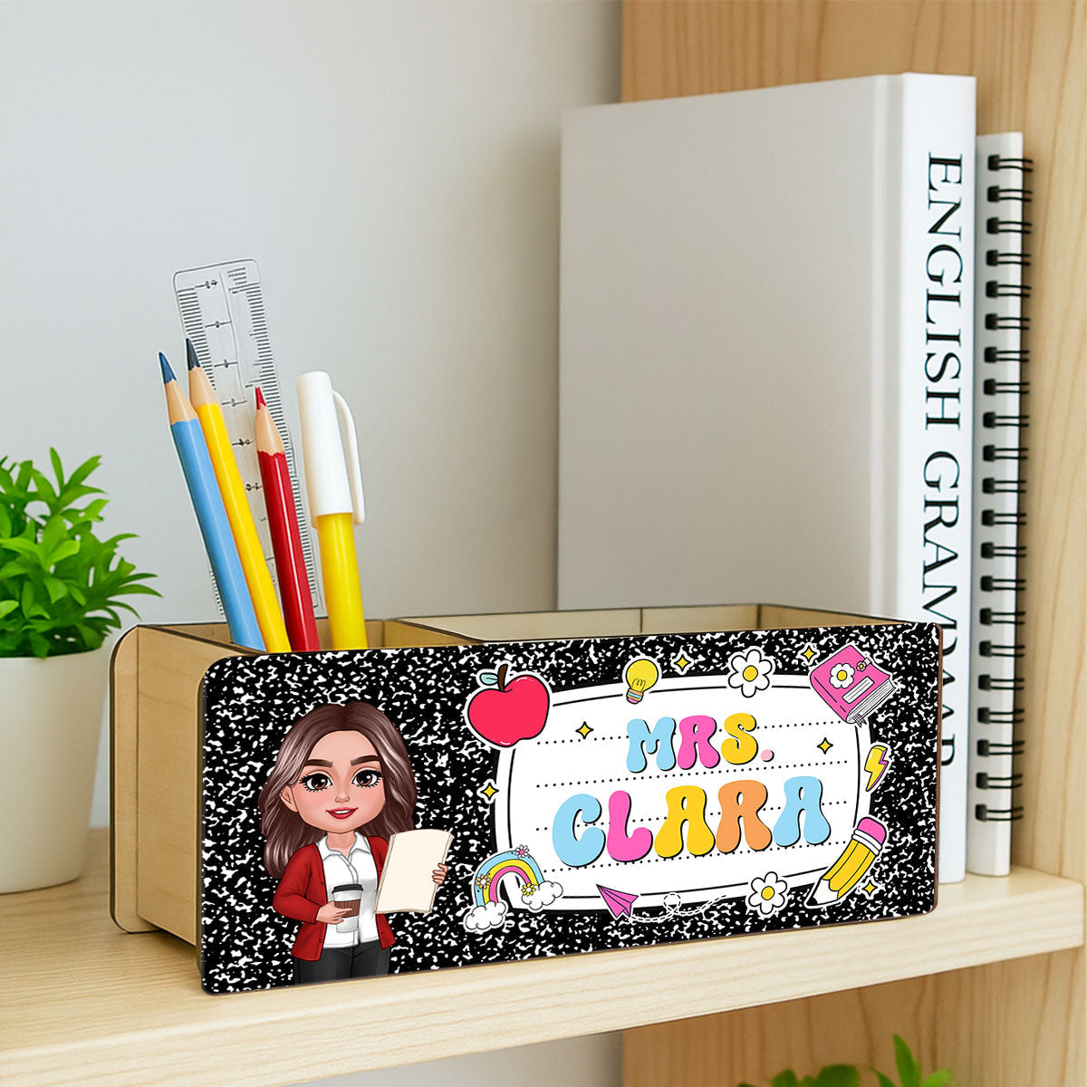 Teacher Composition Book Pattern Personalized Pencil Holder, Back To School Gift