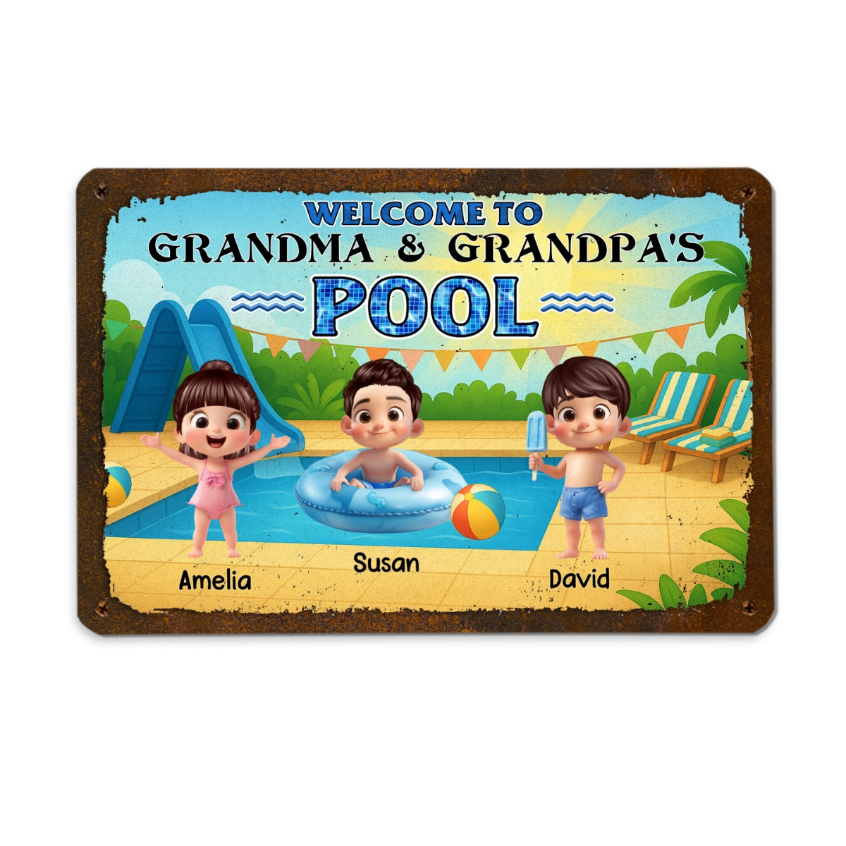 Welcome to Grandma & Grandpa's Pool Personalized Metal Sign, Grandchildren Welcome Sign