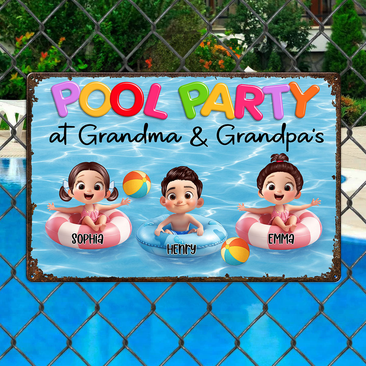 Pool Party At Grandma Grandpa Personalized Metal Sign, Grandchildren Welcome Sign