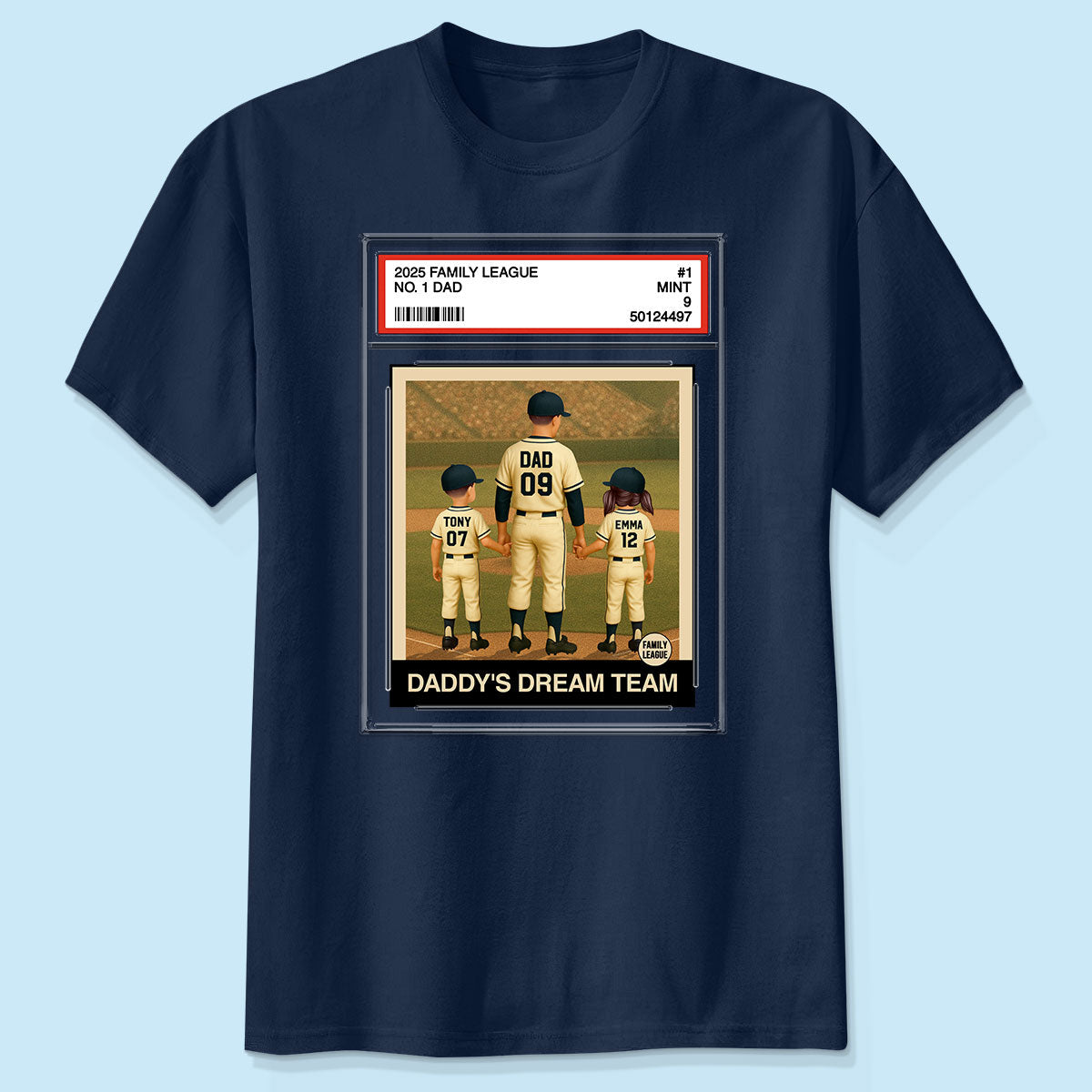 Baseball No. 1 Dad Grandpa Man & Kids Trading Card Style Personalized Shirt