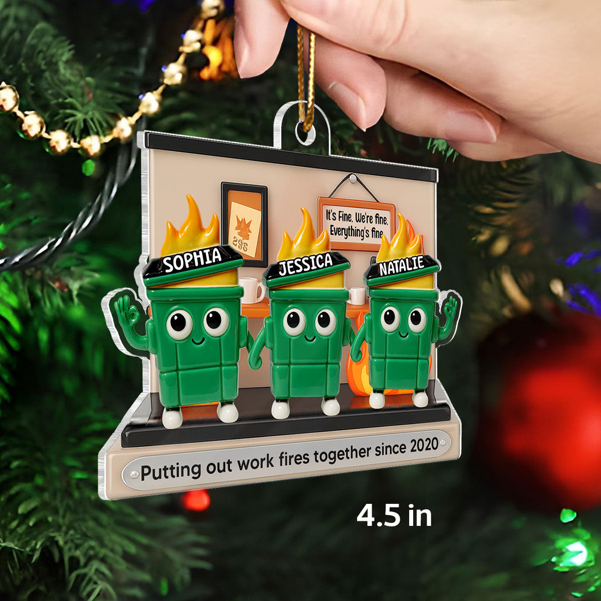 3D Effect Dumpster Fires In Office Scene - Personalized Ornament - Funny Gift For Colleagues, Work Besties