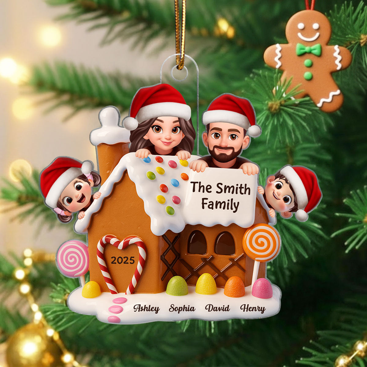 Gingerbread House Family Personalized Acrylic Ornament, Christmas Gift for Husband, Wife, Kid