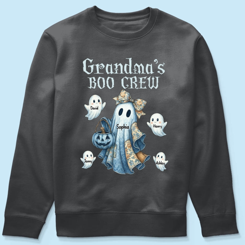 Grandma's Boo Crew Retro Halloween Blue Denim Ghost Personalized Sweatshirt, Spooky Sweatshirt for Grandma, Mom