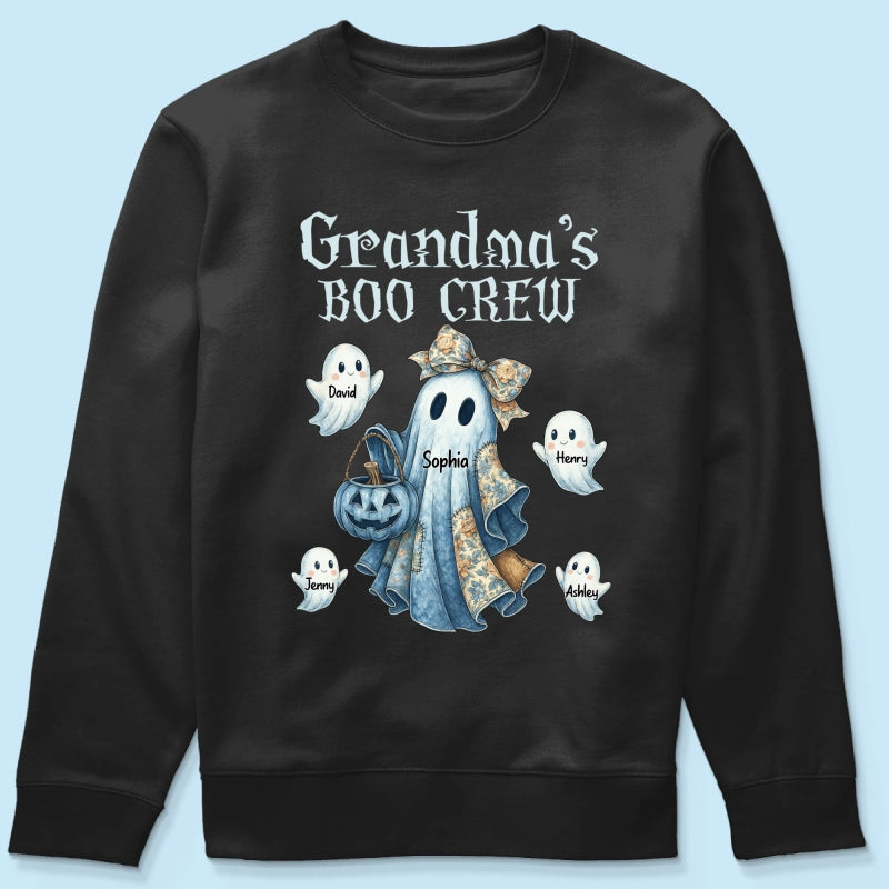 Grandma's Boo Crew Retro Halloween Blue Denim Ghost Personalized Sweatshirt, Spooky Sweatshirt for Grandma, Mom