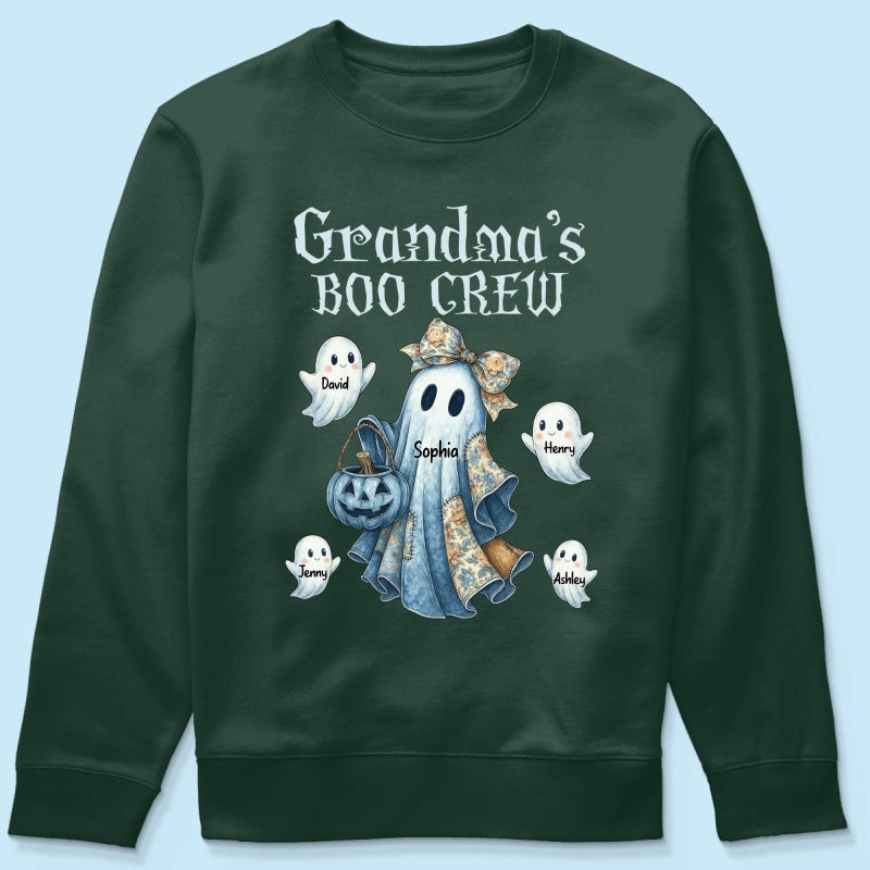 Grandma's Boo Crew Retro Halloween Blue Denim Ghost Personalized Sweatshirt, Spooky Sweatshirt for Grandma, Mom