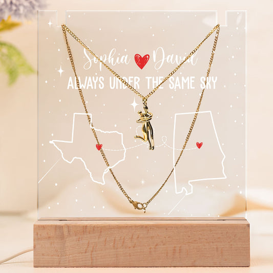 Always Under The Same Sky - Personalized LED Light Acrylic Plaque With Couple Necklace