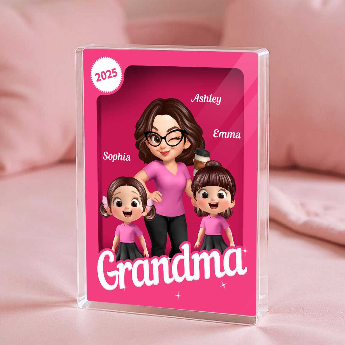 Grandma Grandkids 3D Effect Pink Action Figure Personalized Acrylic Block