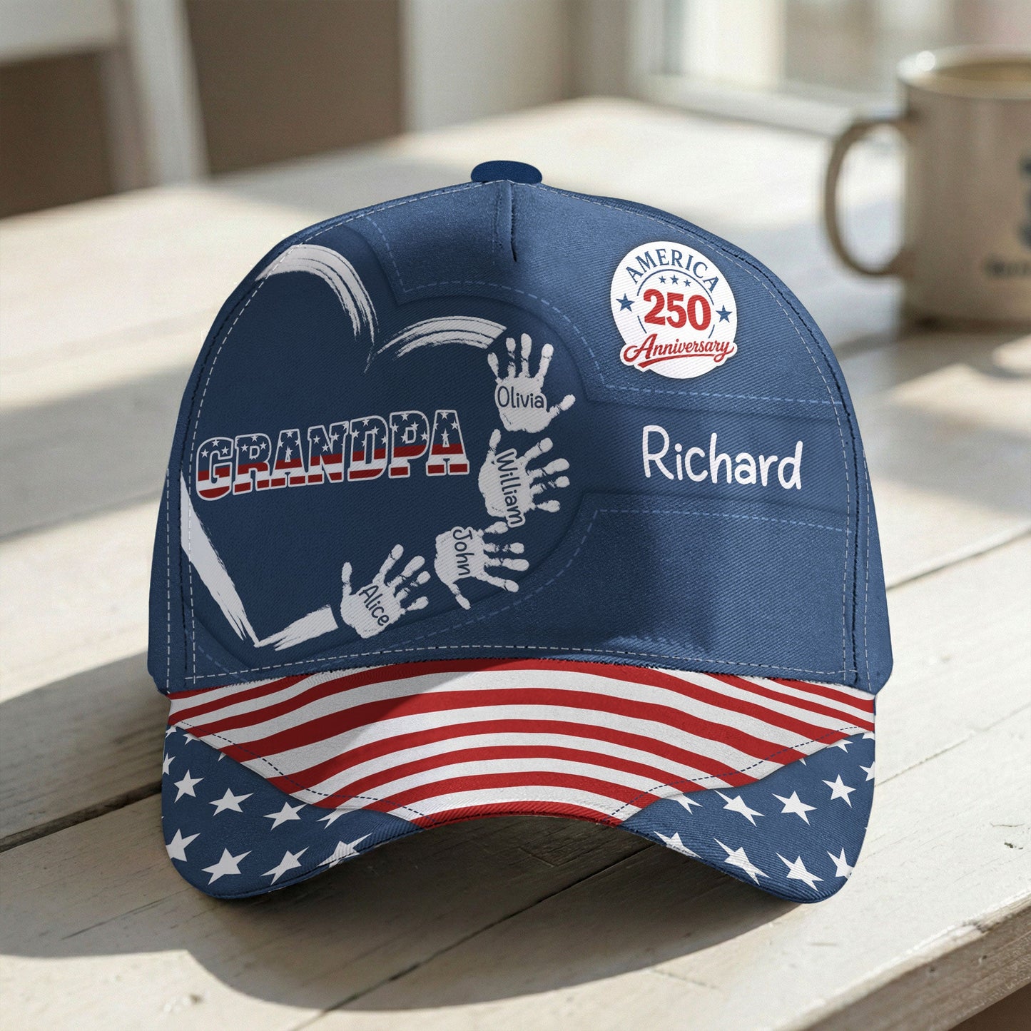America 250 Anniversary Grandpa Dad Kids Handprints - Personalized Cap