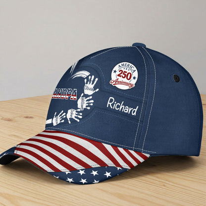 America 250 Anniversary Grandpa Dad Kids Handprints - Personalized Cap