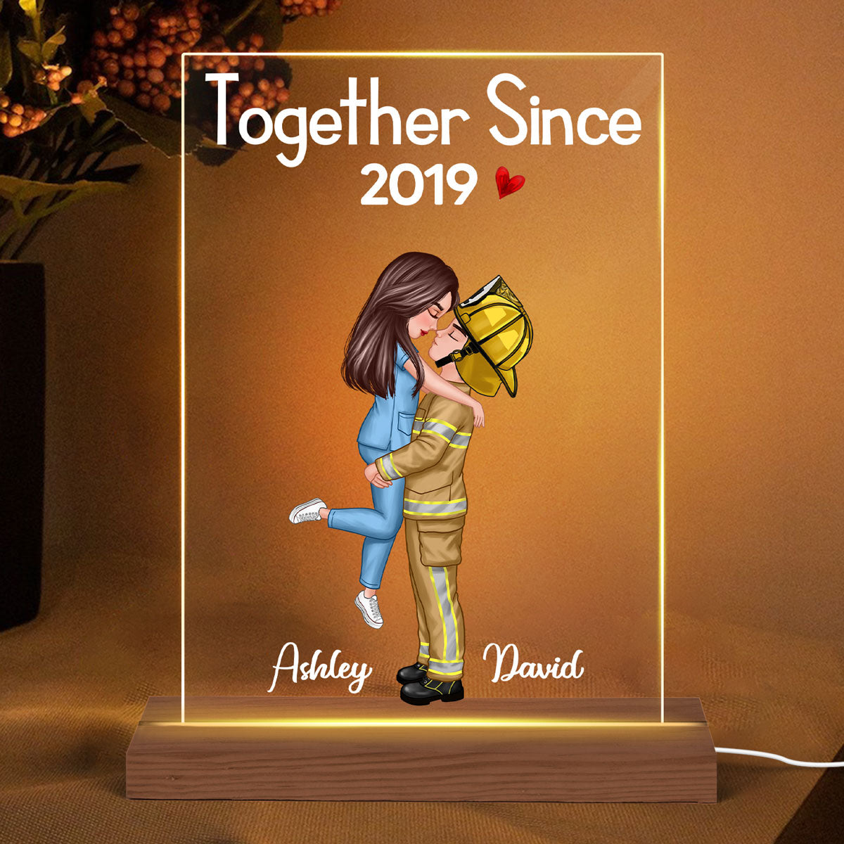 Couple Valentine‘s Day Gifts by Occupation Gift For Her Gift For Him Firefighter, Nurse, Police Officer Personalized Acrylic Plaque Warm LED Night Light