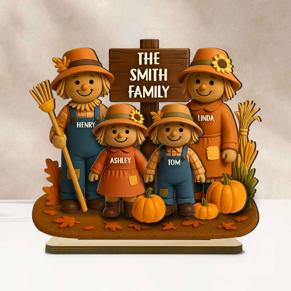 Fall Season Scarecrow Grandparents, Grandkids 3D Effect Personalized 2-Layer Wooden Plaque