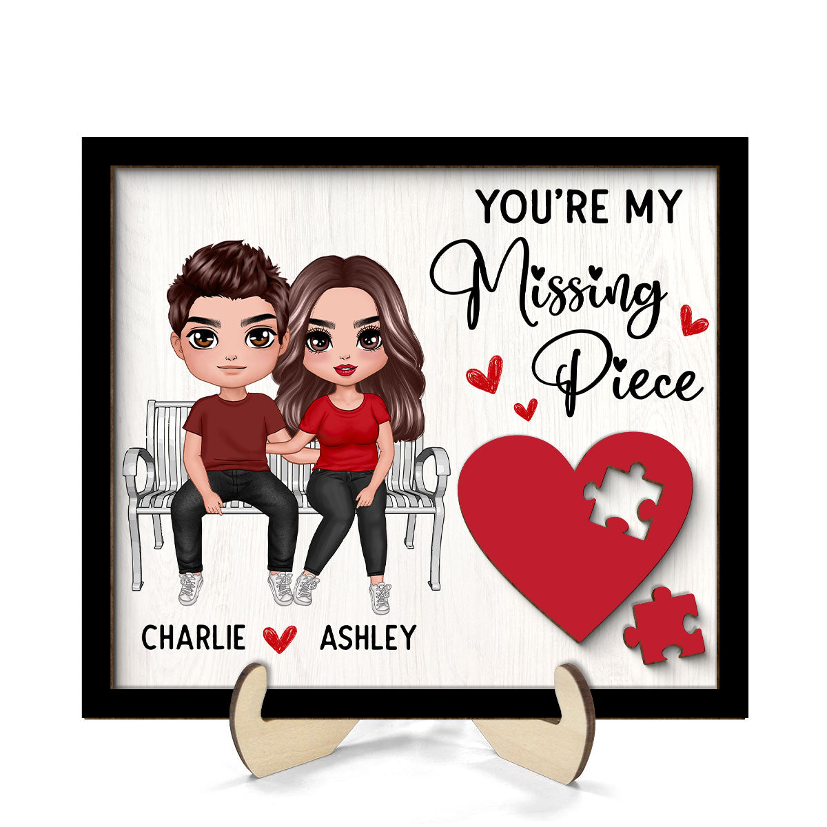 Couple Sitting On Bench Red Heart Valentine‘s Day Gift For Her Gift For Him Personalized 2-Layer Wooden Plaque