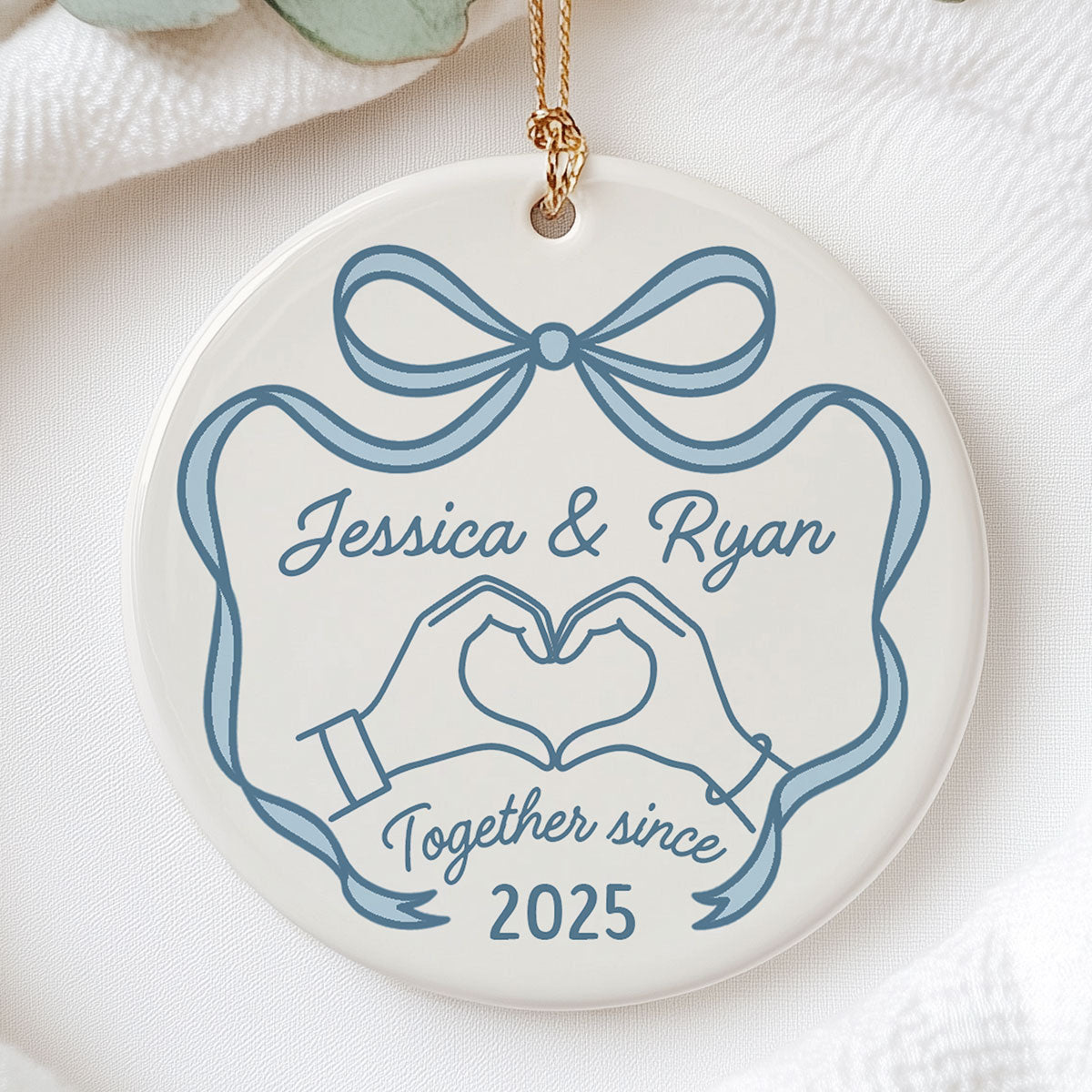 Couple Heart Hand Outline Christmas Personalized Ceramic Ornament