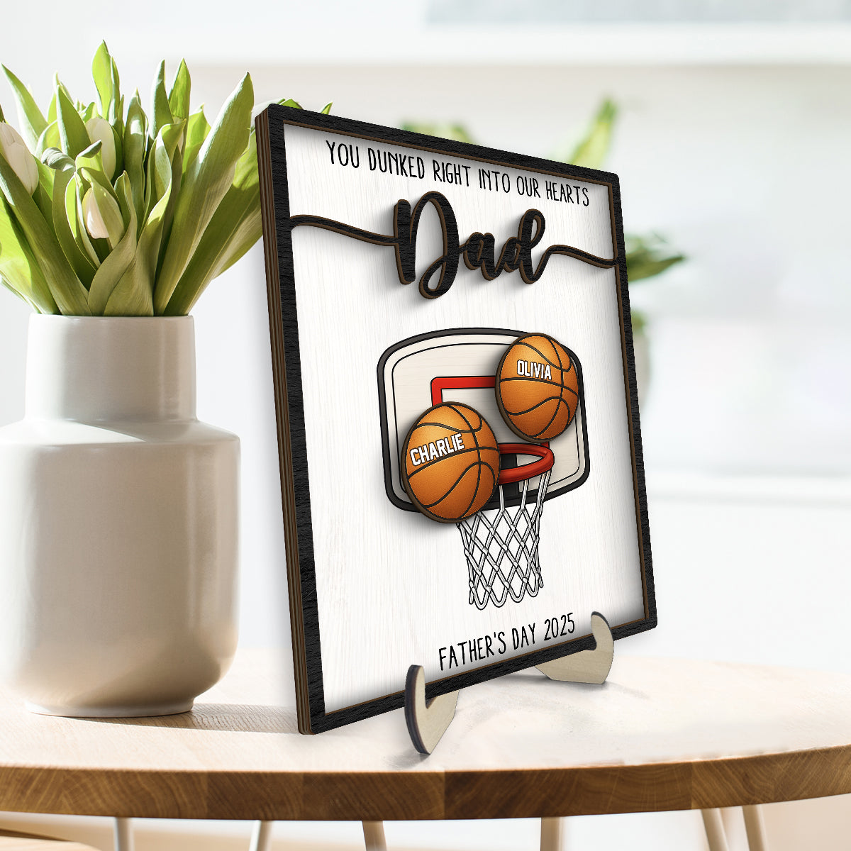 You Dunked Right into Our Hearts Dad Personalized 2-Layered Wooden Plaque,  Gift for Basketball Dad, Gift for Husband